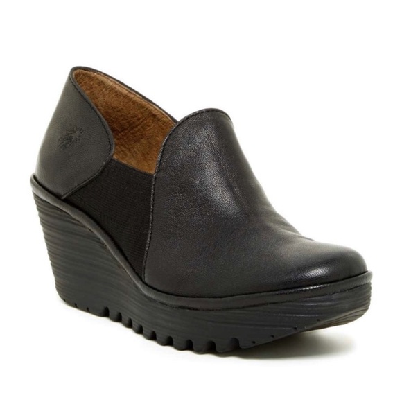 Fly London Shoes YUA Women's 37 EU 6.5-7 
Platform Wedges Black Leather Bootie - Picture 1 of 13